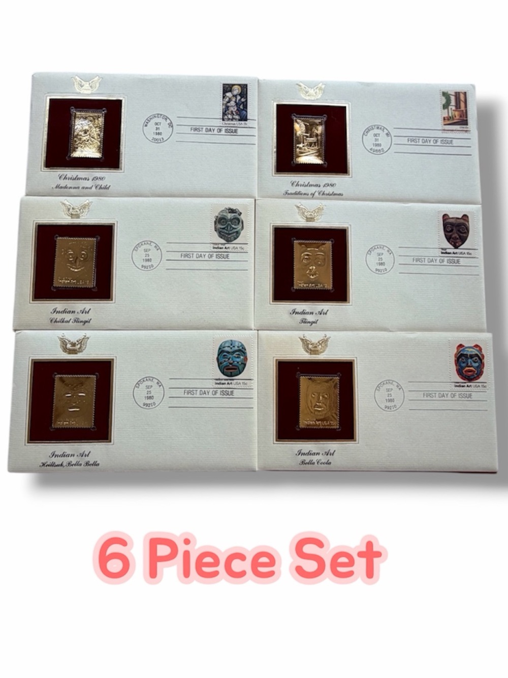 Vintage 1980 6pc 22KT Gold Replica Stamp Set Indian Art & Christmas Collectible
